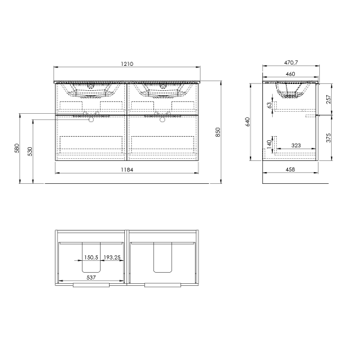 Rysunek techniczny - CIRASA szafka umywalkowa 118,4x64x46cm, biały połysk