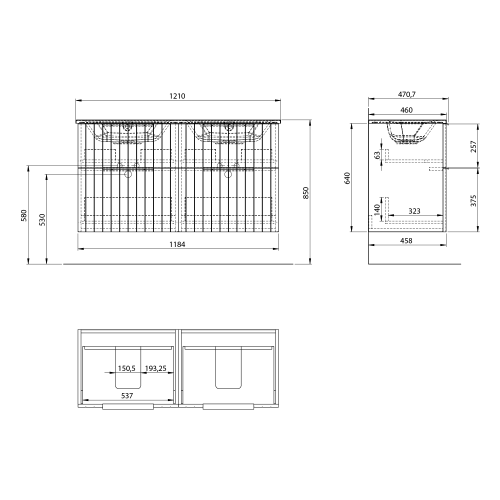 Rysunek techniczny - CIRASA STRIP szafka umywalkowa 118,4x64x46cm, carina