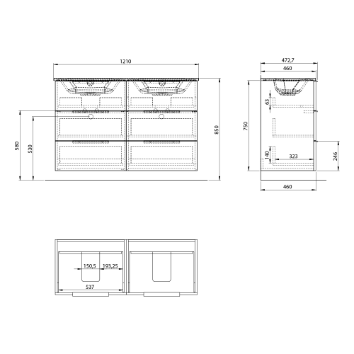 Rysunek techniczny - CIRASA szafka umywalkowa 118,4x75x46cm, 3x zsuflad, srebrny dąb