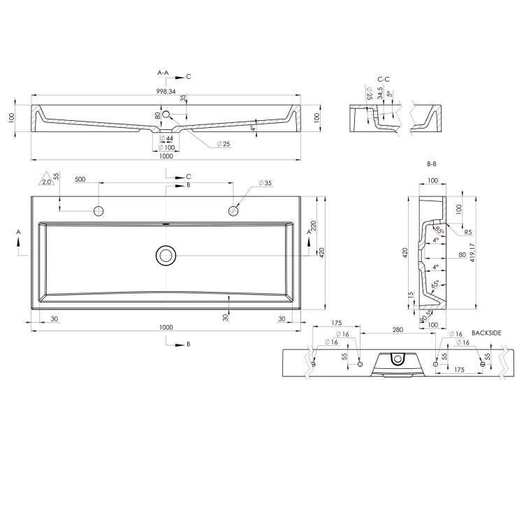 Rysunek techniczny - ORINOKO umywalka kompozytowa podwójna 100x42 cm, biały