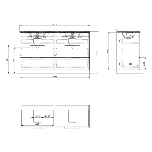 Rysunek techniczny - CIRASA szafka umywalkowa 139,6x75x46cm, 3x zsuflad, biały połysk