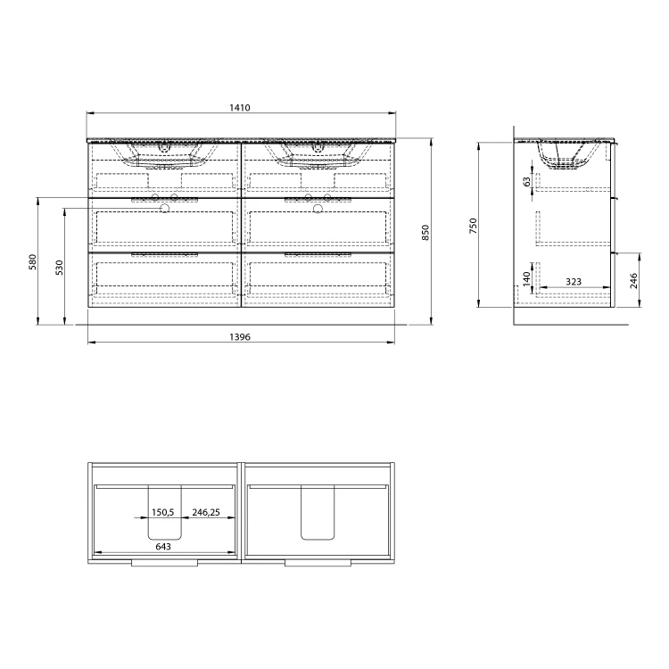 Rysunek techniczny - CIRASA szafka umywalkowa 139,6x75x46cm, 3x zsuflad, rustykalna pinia