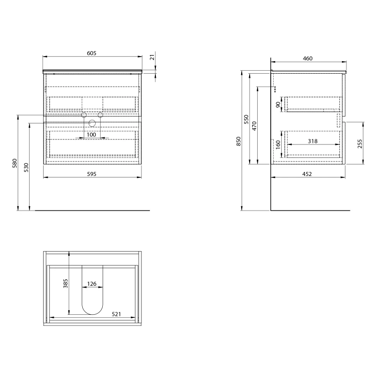 Rysunek techniczny - PANEDA szafka umywalkowa 59,5x55x45,2cm, biały