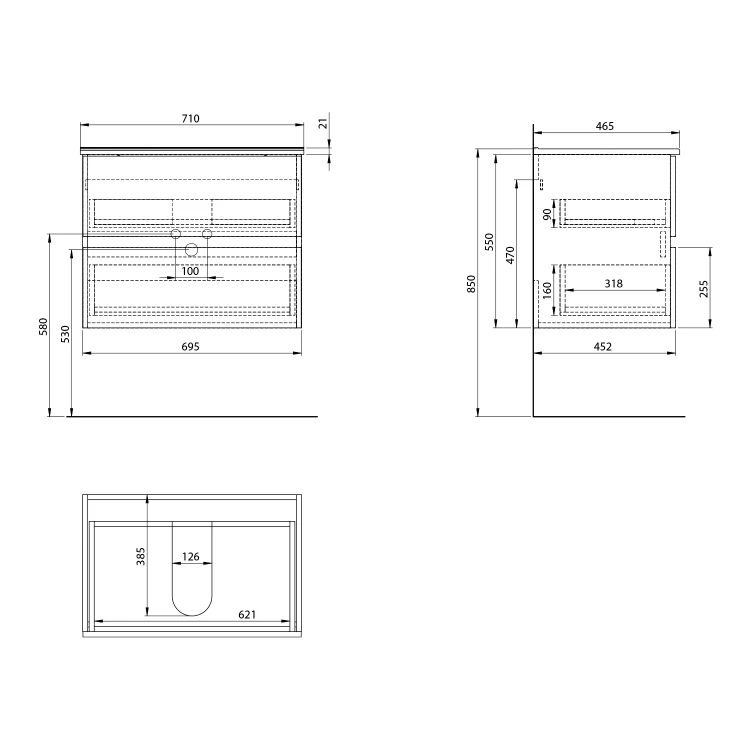 Rysunek techniczny - PANEDA szafka umywalkowa 69,5x55x45,2cm, biały