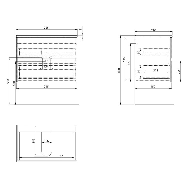 Rysunek techniczny - PANEDA szafka umywalkowa 74,5x55x45,2cm, biały