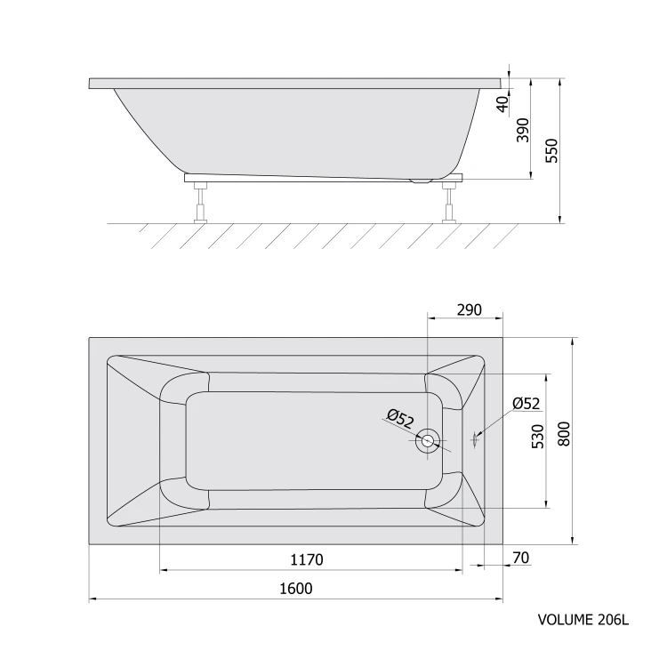 Rysunek techniczny - NOEMI wanna prostokątna 160x80x39cm, biały mat