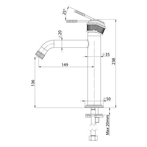 Rysunek techniczny - VERSI bateria umywalkowa, wysokość 240mm, czarny mat
