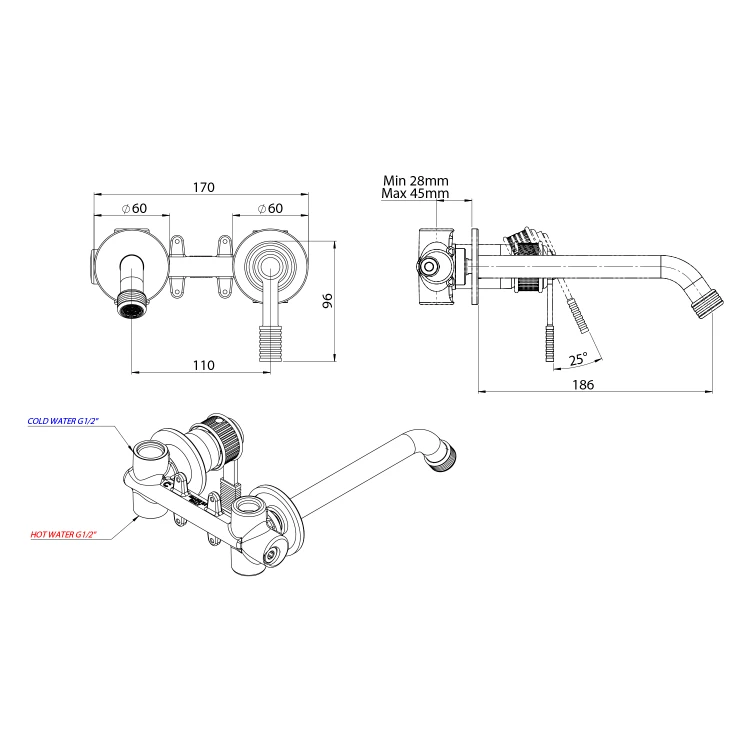 Rysunek techniczny - VERSI bateria umywalkowa podtynkowa, chrom