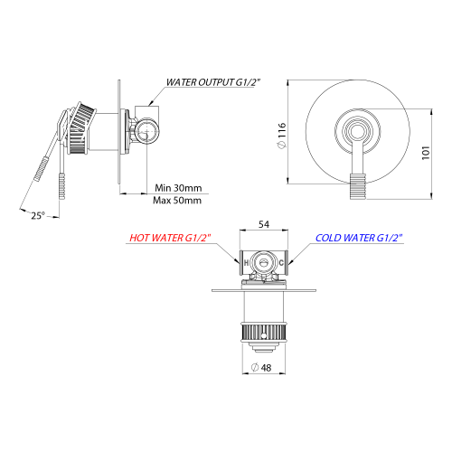 Rysunek techniczny - VERSI bateria prysznicowa podtynkowa, 1 wyjście, chrom