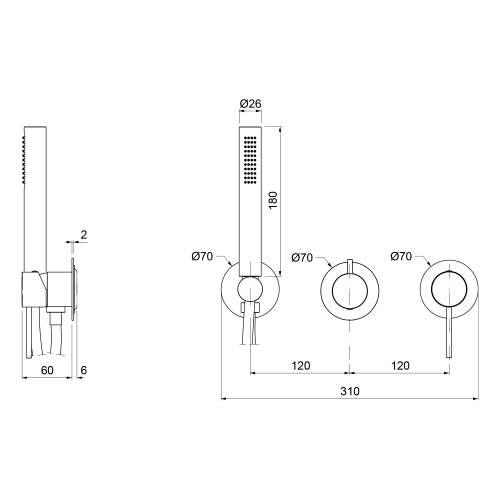 Rysunek techniczny - ULTRAMIX podtynkowa bateria prysznicowa/wannowa, 2 funkcje, chrom