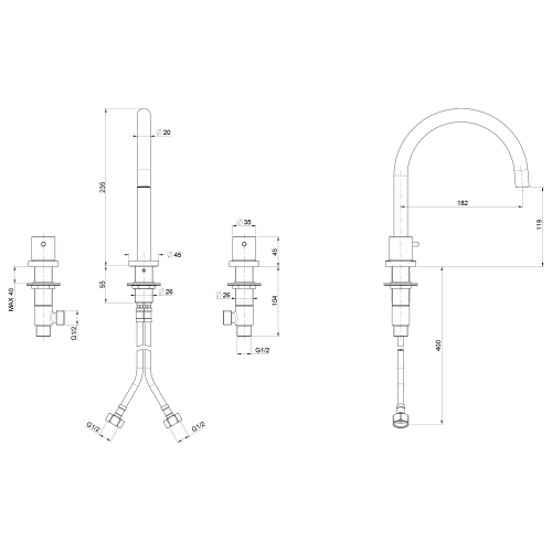 Rysunek techniczny - ULTRAMIX trzyelementowa bateria umywalkowa, czarny mat