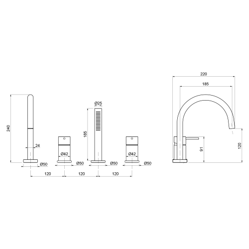 Rysunek techniczny - ULTRAMIX 4-otworowa bateria wannowa na brzeg wanny, czarny mat