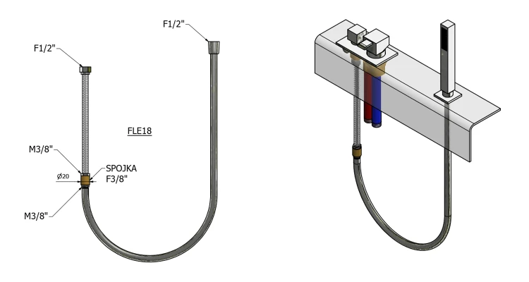 Rysunek techniczny - SET zamienne węże do baterii na brzeg wanny, F1/2"- F1/2",275cm, chrom