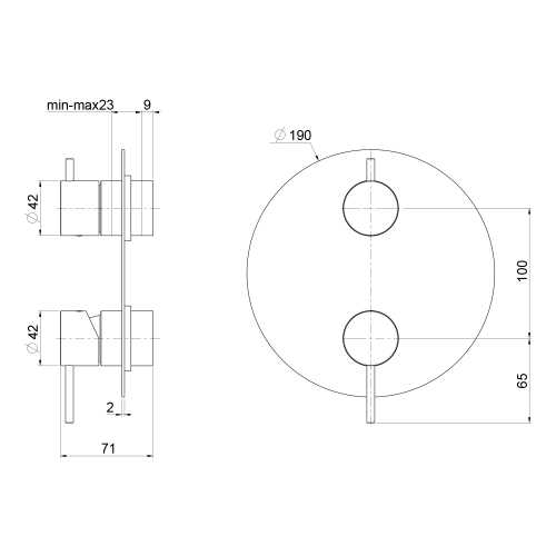 Rysunek techniczny - ULTRAMIX bateria prysznicowa podtynkowa, 3 wyjścia, obrotowy przełącznik, złoto mat