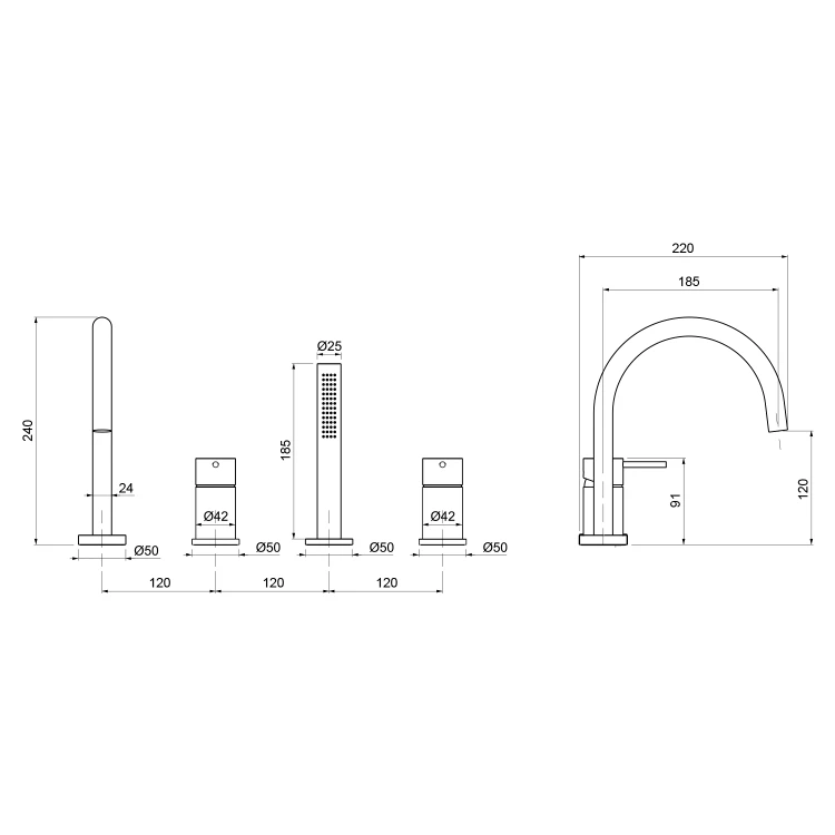 Rysunek techniczny - ULTRAMIX 4-otworowa bateria wannowa na brzeg wanny, czarny mat/chrom