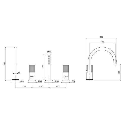 Rysunek techniczny - ULTRATAP 4-otworowa bateria wannowa na brzeg wanny, czarny mat