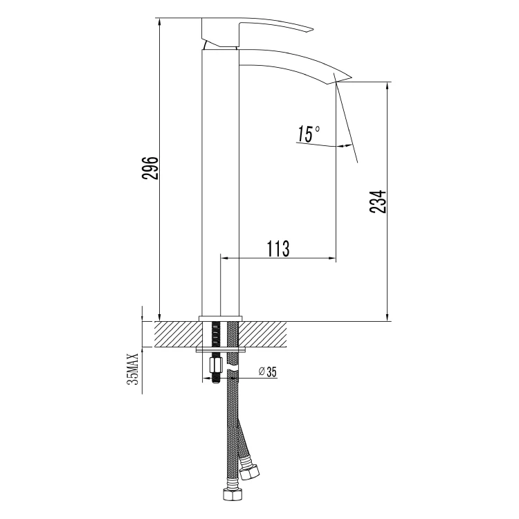 Rysunek techniczny - GINKO 25 bateria umywalkowa wysoka, chrom