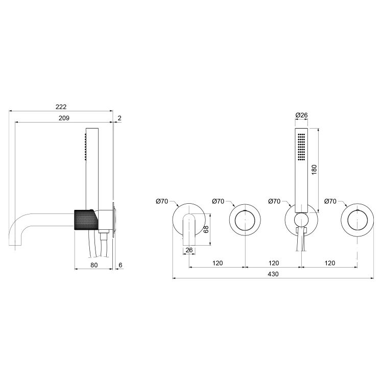Rysunek techniczny - ULTRATAP bateria wannowa podtynkowa, kompletna, 2 wyjścia, złoto mat