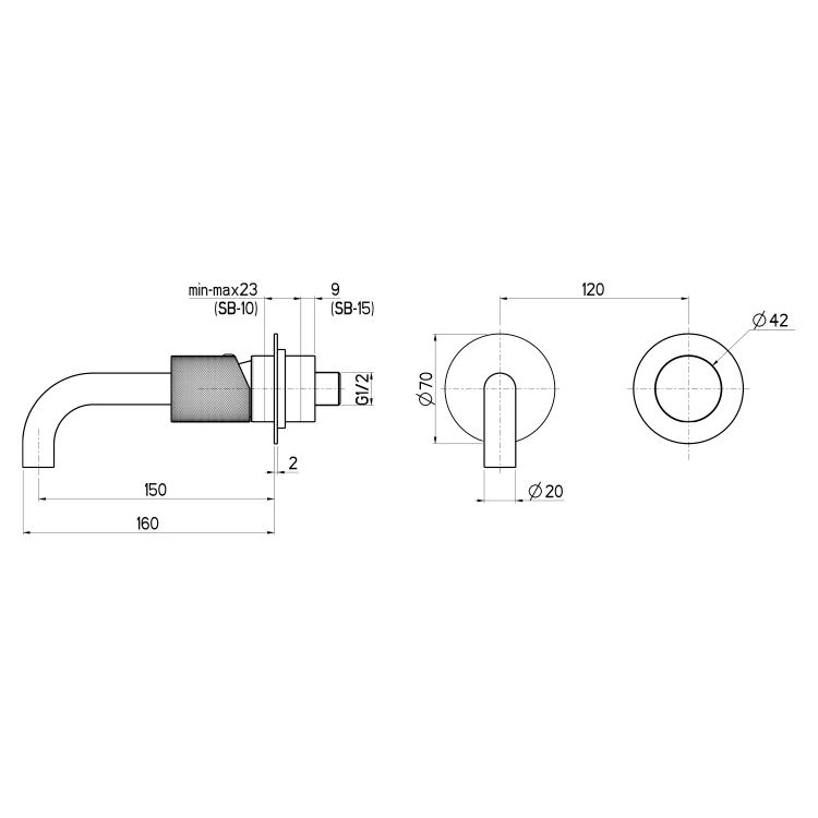 Rysunek techniczny - ULTRATAP bateria podtynkowa umywalkowa 2-elementowea, główka 15cm, czarny mat/złoto mat