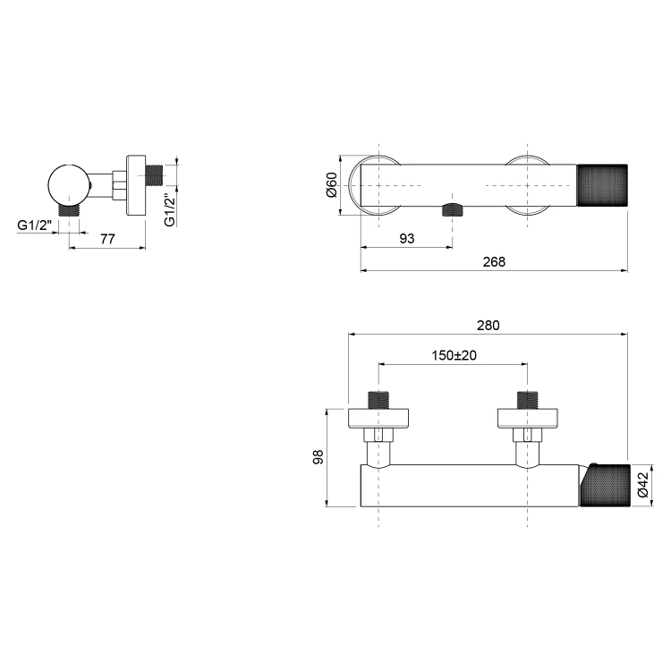 Rysunek techniczny - ULTRATAP bateria prysznicowa ścienna, czarny mat/złoto mat