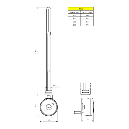 Rysunek techniczny - WICHER grzałaka elektryczna z termostatem, 400 W chrom