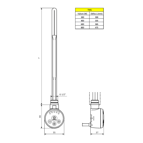 Rysunek techniczny - Grzałka z termostatem, 300 W, biały mat