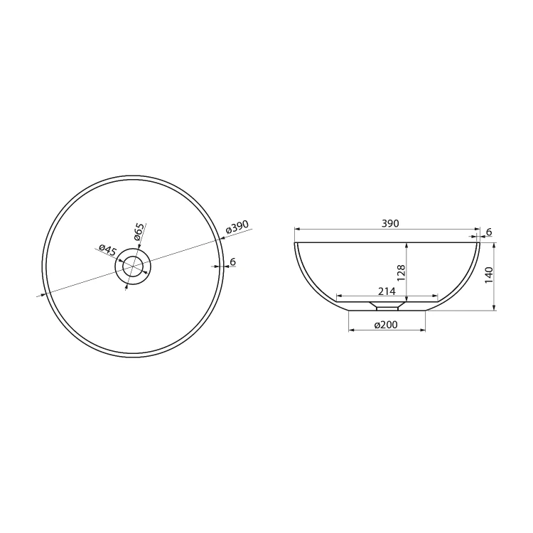 Rysunek techniczny - BANERA ROUND umywalka kompozytowa nablatowa, średnica 39cm, biały/antracyt mat