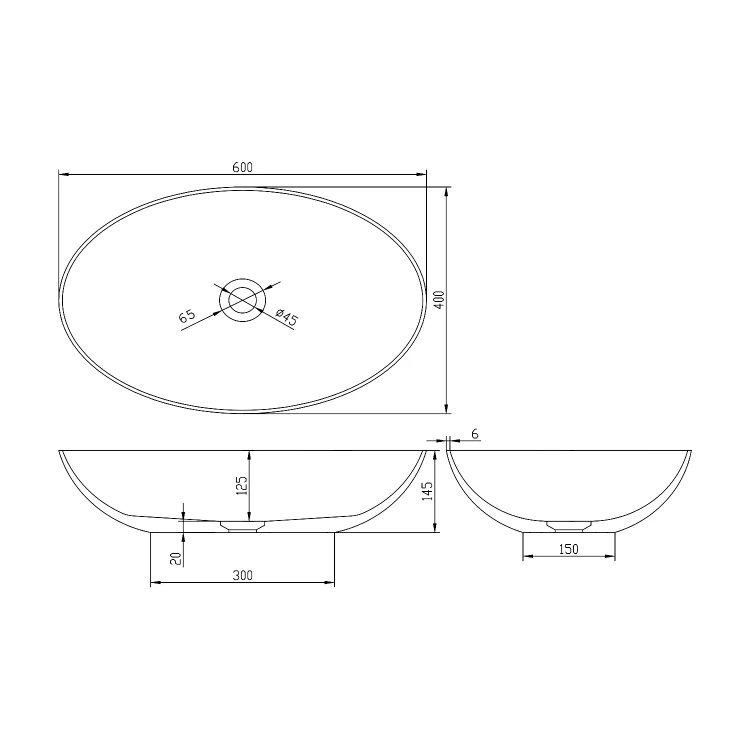 Rysunek techniczny - BANERA OVAL umywalka kompozytowa nablatowa, 60x40cm, biały/szary mat