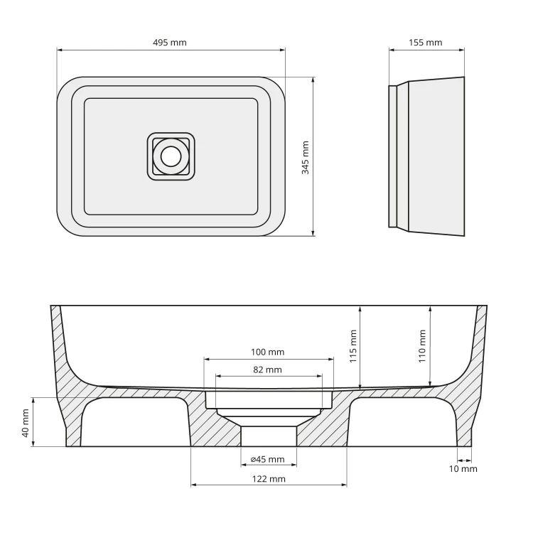 Rysunek techniczny - BANERA SQUARE umywalka kompozytowa nablatowa, 50x36cm, biały/beż mat