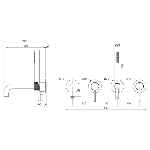 Rysunek techniczny - ULTRASAN bateria wannowa podtynkowa, kompletna, 2 wyjścia, czarny mat/chrom