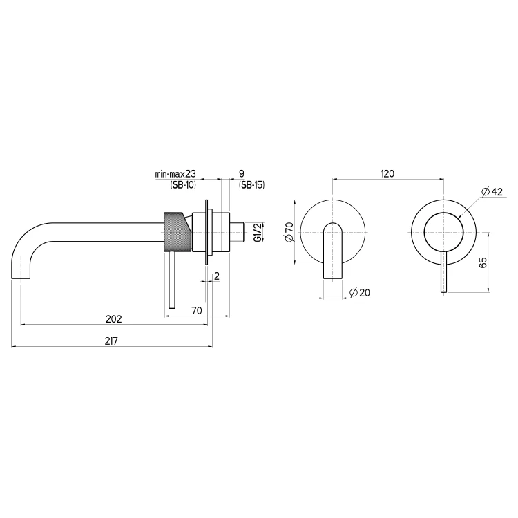 Rysunek techniczny - ULTRASAN bateria umywalkowa podtynkowa, 2-elementowa, wylewka 20cm, czarny mat/złoty mat