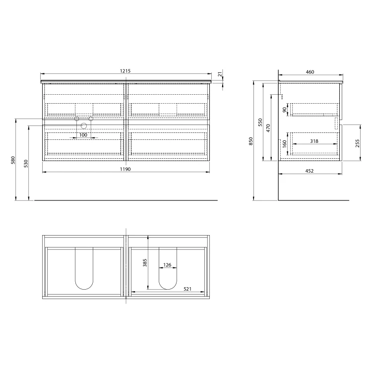 Rysunek techniczny - PANEDA szafka umywalkowa 119x55x45,2cm, biały
