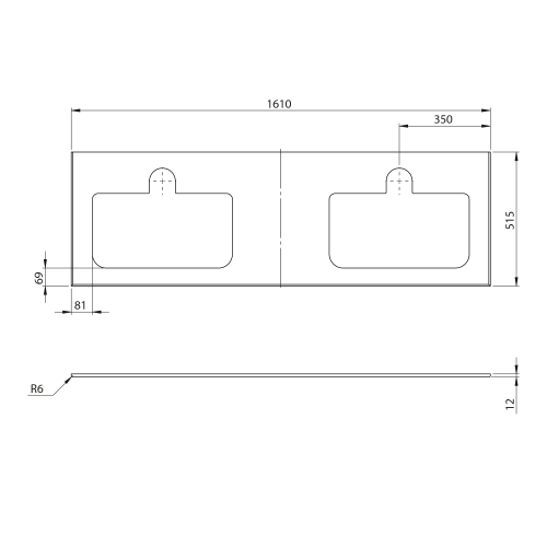 Rysunek techniczny - BRAHEA Rockstone blat z 2 otworami 161x51,5cm (70+20+70cm), biały mat