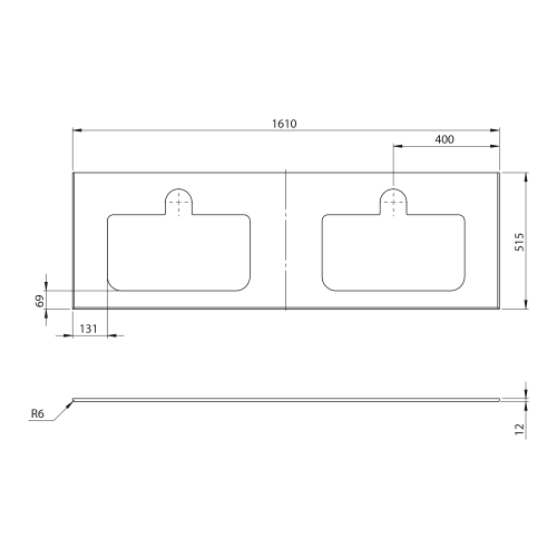 Rysunek techniczny - BRAHEA Rockstone blat z 2 otworami 161x51,5cm (80+80cm), biały mat