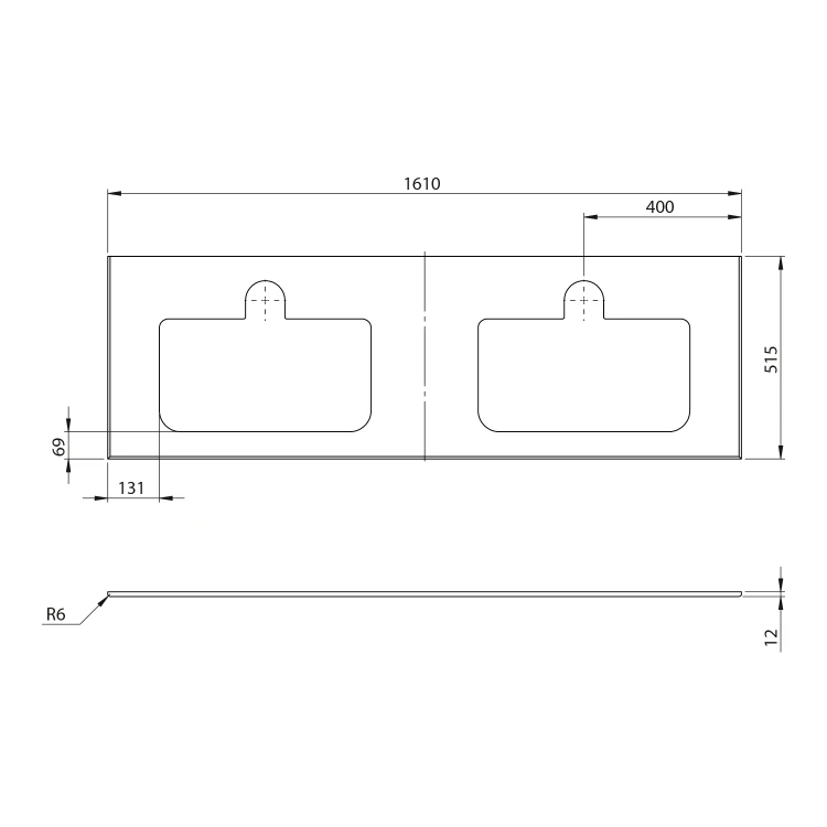 Rysunek techniczny - BRAHEA Rockstone blat z 2 otworami 161x51,5cm (80+80cm), biały mat