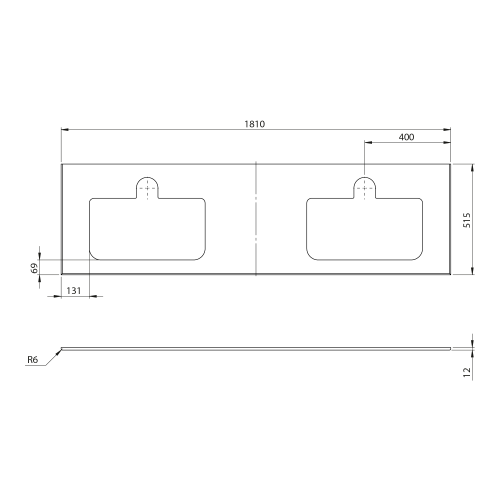 Rysunek techniczny - BRAHEA Rockstone blat z 2 otworami 181x51,5cm (80+20+80cm), biały mat