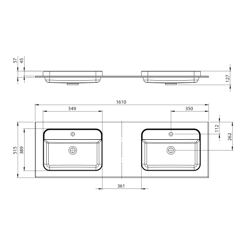 Rysunek techniczny - BRAHEA umywalka podwójna 161x51,5cm (70+20+70cm), Rockstone, biały mat