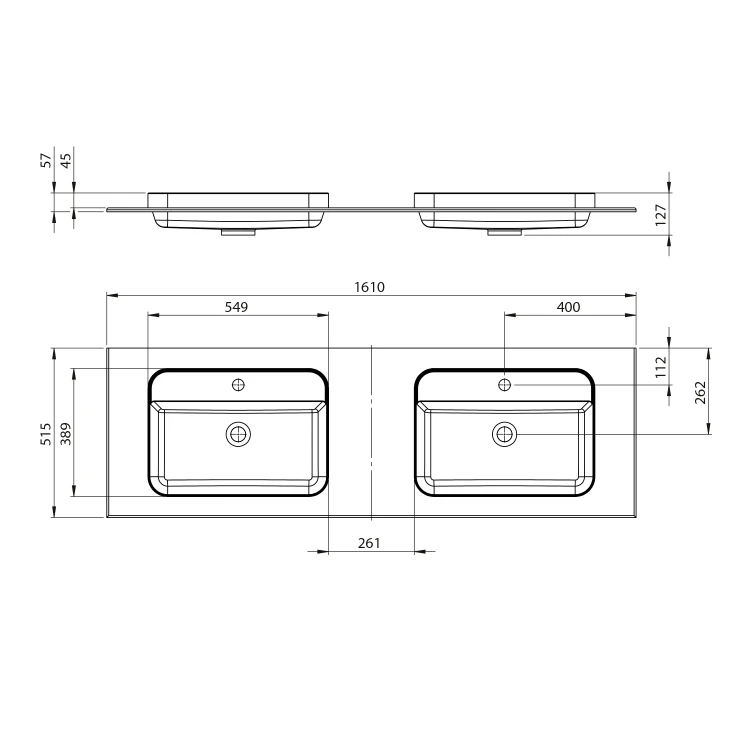 Rysunek techniczny - BRAHEA umywalka podwójna 161x51,5cm (80+80cm), Rockstone, biały mat