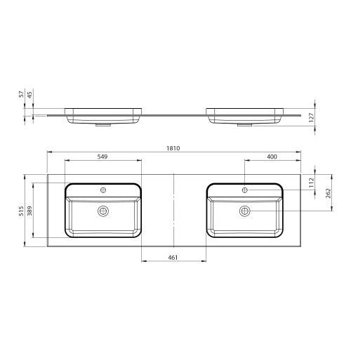 Rysunek techniczny - BRAHEA umywalka podwójna 181x51,5cm (80+20+80cm), Rockstone, biały mat