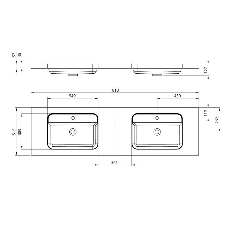 Rysunek techniczny - BRAHEA umywalka podwójna 181x51,5cm (90+90cm), Rockstone, biały mat