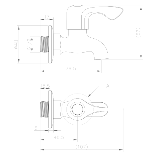 Rysunek techniczny - Zawór kulowy ścienny 1/2", chrom