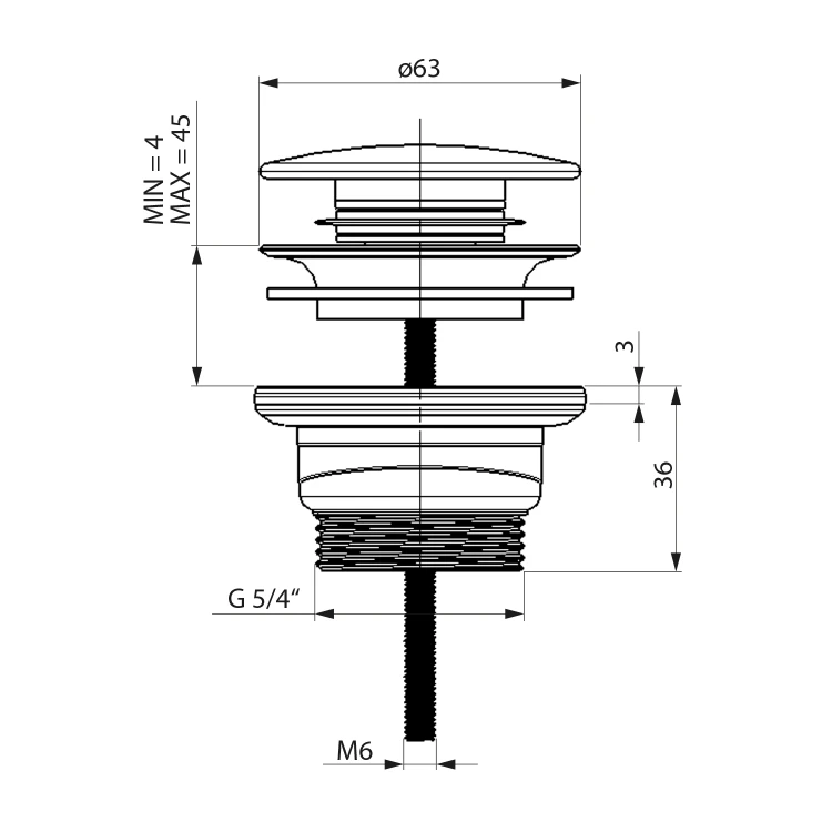Rysunek techniczny - Korek umywalkowy 5/4“, klik-klak, duży grzybek, 4-45mm, ABS/stal nierdzewna