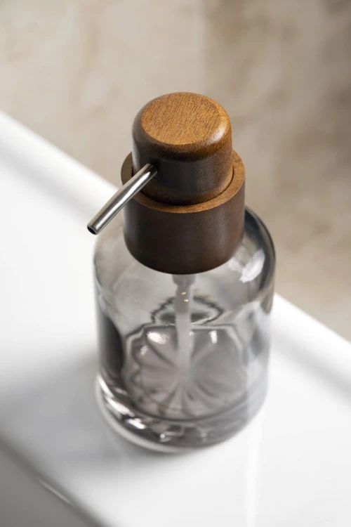 FIGO dozownik mydła 300ml, szkło dymione/drewno #3