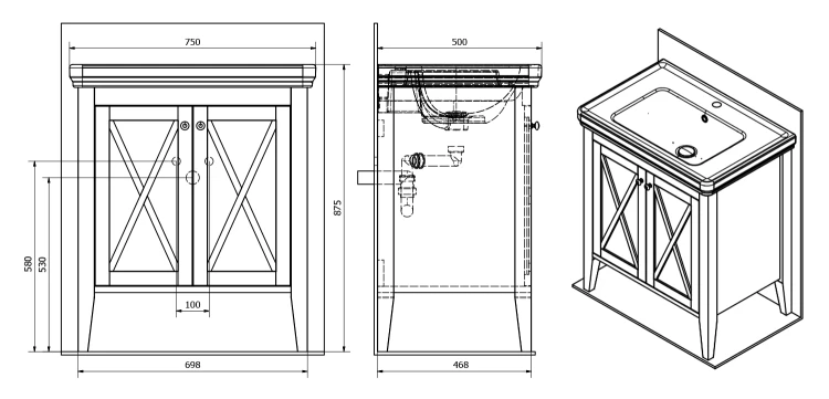 Rysunek techniczny - CROSS szafka umywalkowa 70x81x47cm, buk
