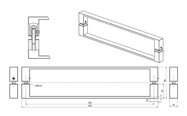Rysunek techniczny - LUCIS LINE uchwyt, 20x340x36mm, para, chrom