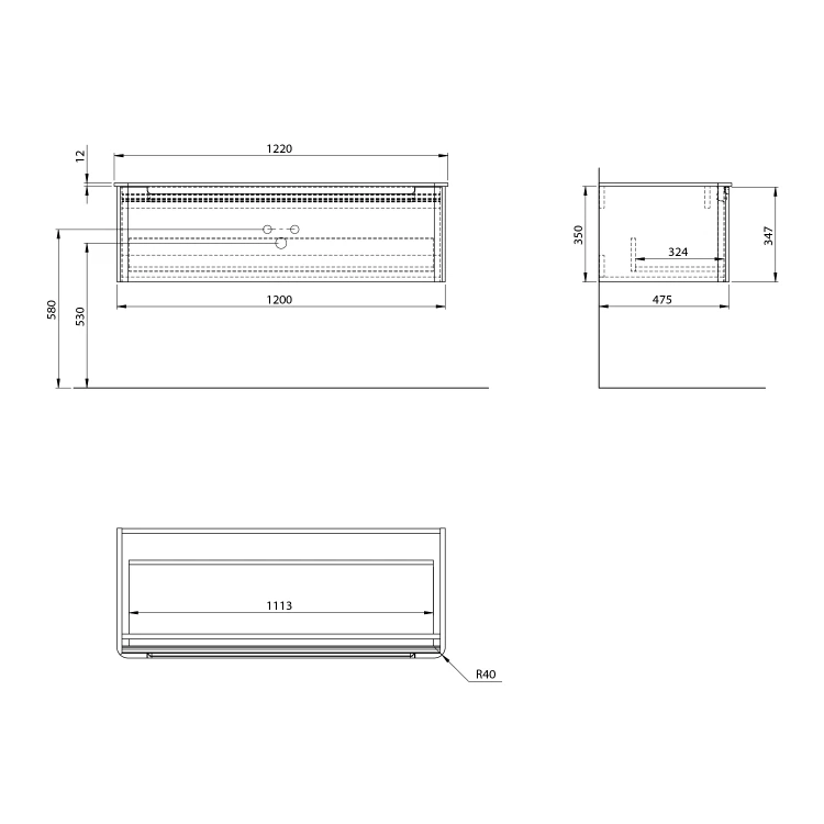 Rysunek techniczny - KERALA szafka pod umywalkę 120x35x47,5cm, 1 szuflada, carina