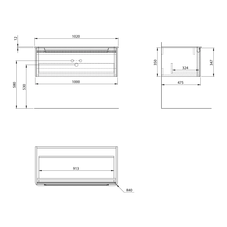 Rysunek techniczny - KERALA szafka pod umywalkę 100x35x47,5cm, 1 szuflada, agila
