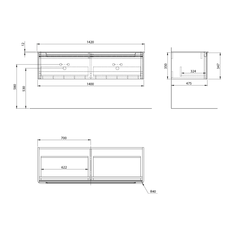 Rysunek techniczny - KERALA szafka pod umywalkę 140x35x47,5cm, 1 szuflada, agila