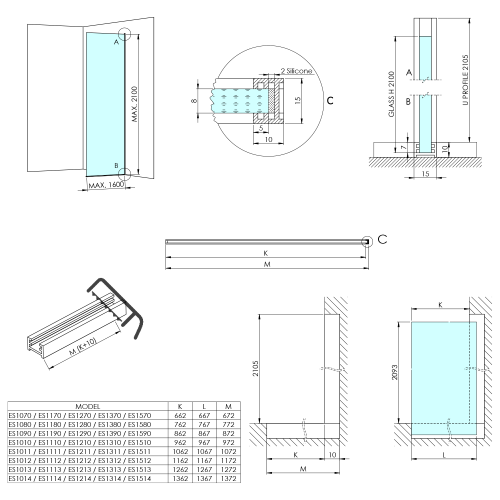 Rysunek techniczny - ARCHITEX CHROM walk-in, 1162 mm, szkło dymione