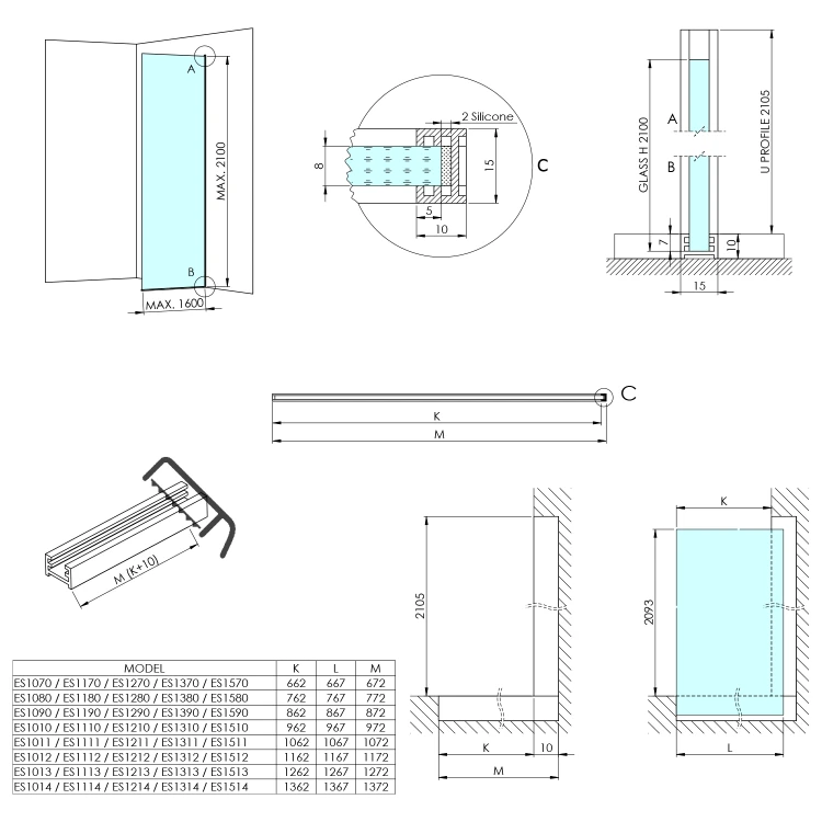 Rysunek techniczny - ARCHITEX CHROM walk-in, 862 mm, szkło mat dymione